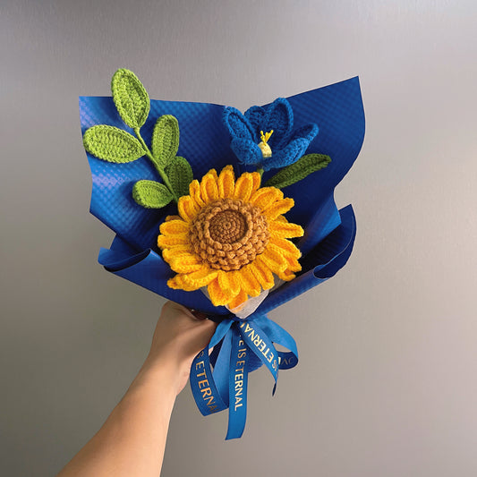 Hanaya Series Handmade Blue Theme Sunflower Crochet Bouquet – Hypoallergenic Forever Floral Gift, DIY Knitted Wedding, Birthday, Anniversary - The Bloom Crafter