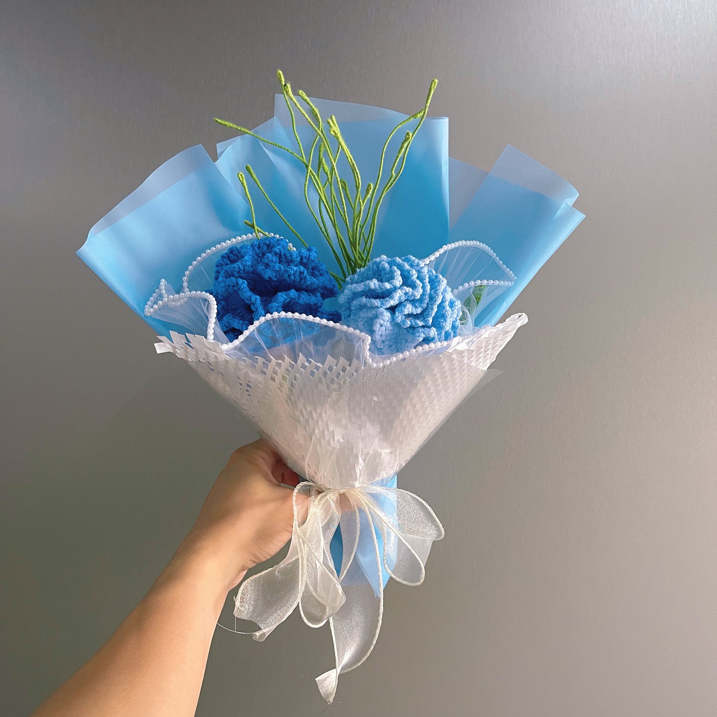 Hanaya Series Handmade Blue Theme Carnations Crochet Bouquet - Hypoallergenic Everlasting Floral Arrangement Graduation Mother's Day Gift Set - The Bloom Crafter