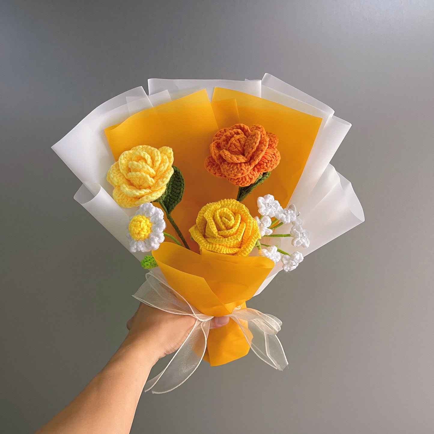 Hanaya Series Handmade Crochet Sunflower Bouquet with Sunshine Color Roses – Ready-to-Gift Allergy Free Artificial Flowers - The Bloom Crafter