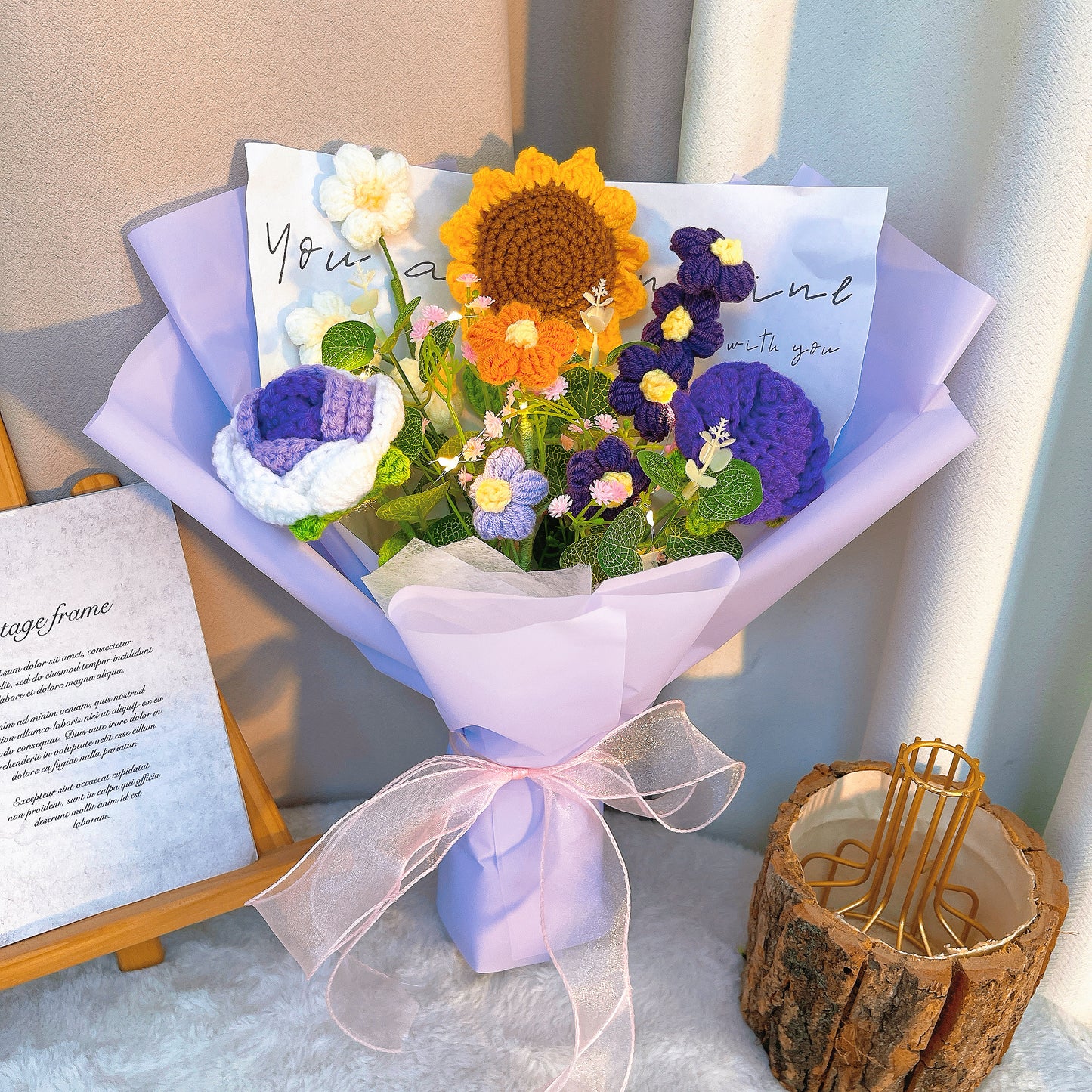 Handmade Sunflower Crochet Bouquet Arrangement with Rose Cream Puff Baby's Breath –Allergy-Friendly Gift for Birthday Anniversary Get Well - The Bloom Crafter