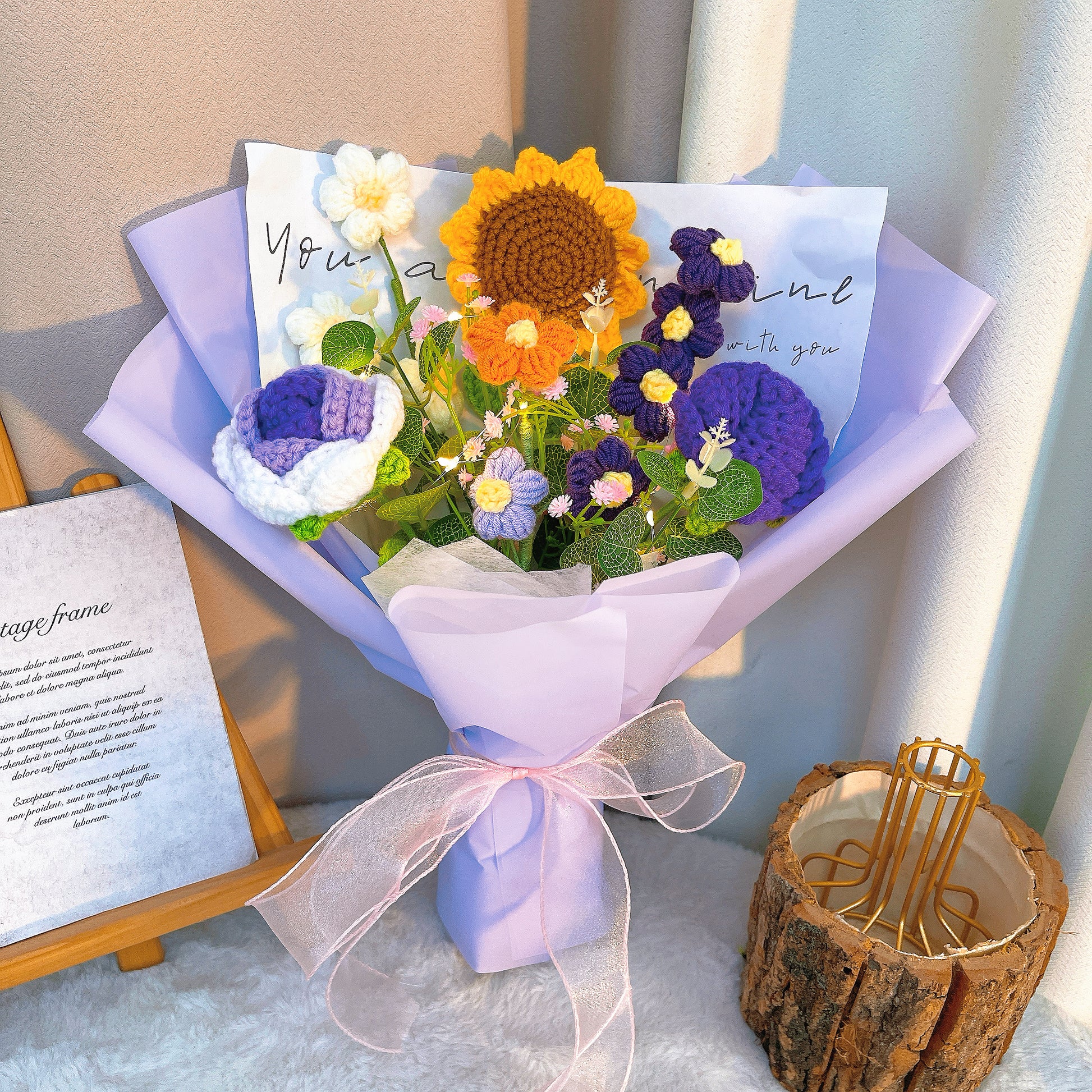 Handmade Sunflower Crochet Bouquet Arrangement with Rose Cream Puff Baby's Breath –Allergy-Friendly Gift for Birthday Anniversary Get Well - The Bloom Crafter