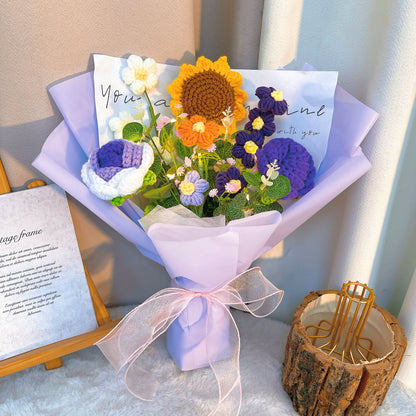 Handmade Sunflower Crochet Bouquet Arrangement with Rose Cream Puff Baby's Breath –Allergy-Friendly Gift for Birthday Anniversary Get Well - The Bloom Crafter