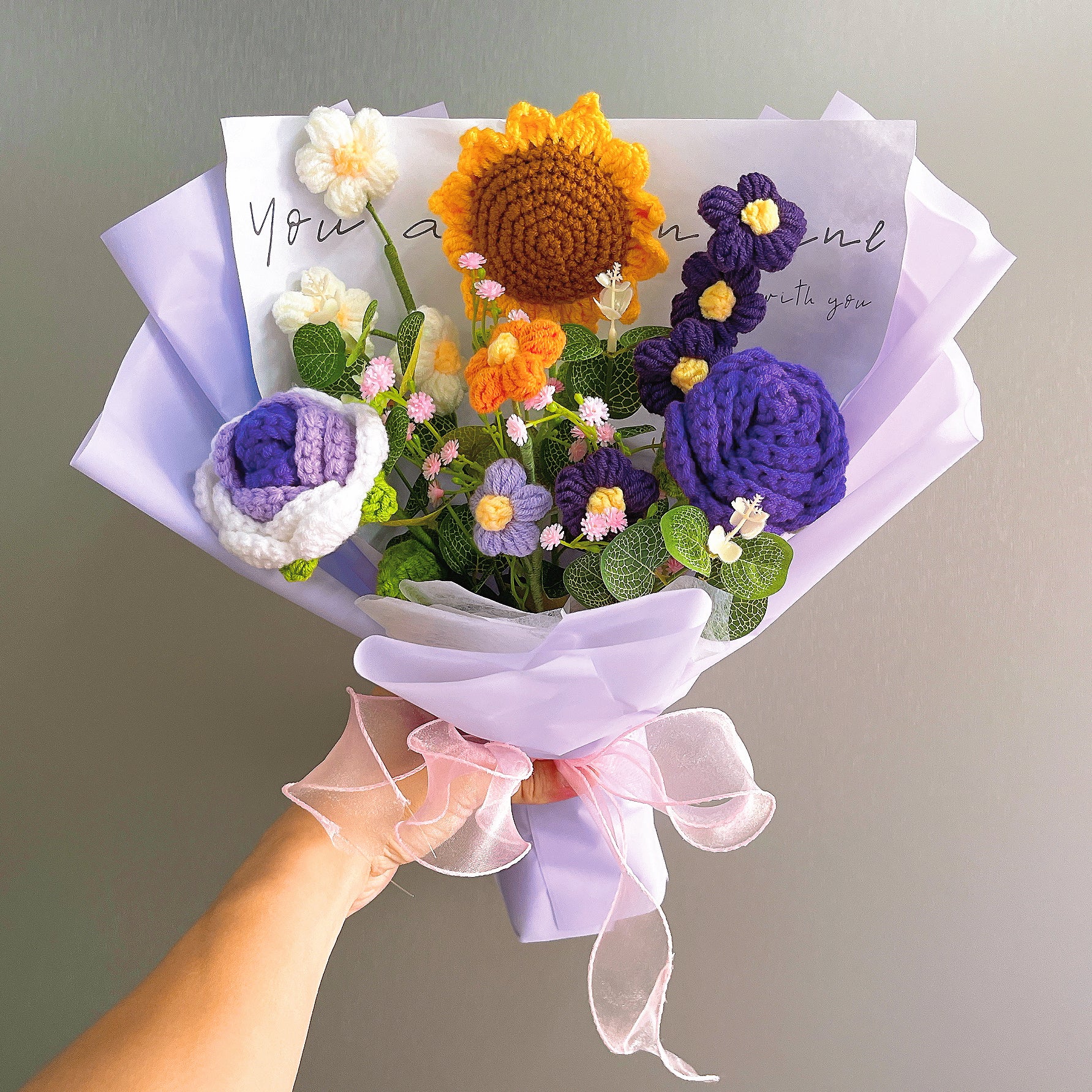 Handmade Sunflower Crochet Bouquet Arrangement with Rose Cream Puff Baby's Breath –Allergy-Friendly Gift for Birthday Anniversary Get Well - The Bloom Crafter