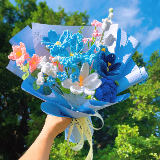 Harmony's Tapestry: Handcrafted Crocheted Bouquet - Roses, Tulips, Alstroemeria, Forget-Me-Nots, Lilies of the Valley, Chinese Pagoda Tree, Cosmos & Calla Lilies - The Bloom Crafter