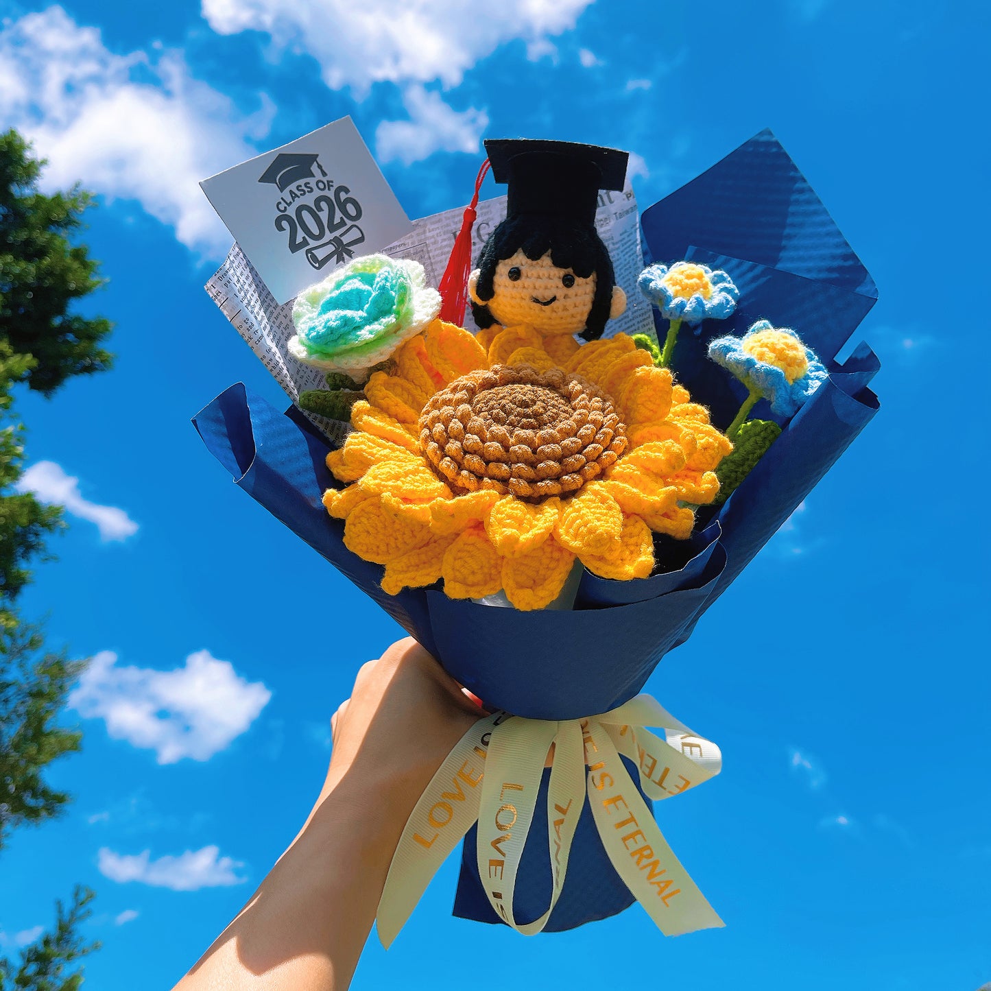 Handmade Crochet Graduation Bouquet Set for Him & Her – 2 Bundles with Large Double-Layer Seeded Sunflower, Graduation Cap Doll Head (Boy & Girl),  for Graduation, Gift, Home Decor, Congratulation, Party Decoration – Eternal Crochet Flower Arrangement - The Bloom Crafter