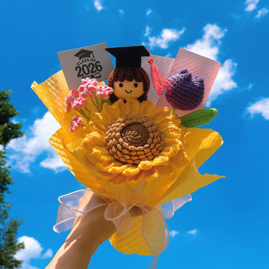 Handmade Crochet Graduation Bouquet Set for Him & Her – 2 Bundles with Large Double-Layer Seeded Sunflower, Graduation Cap Doll Head (Boy & Girl),  for Graduation, Gift, Home Decor, Congratulation, Party Decoration – Eternal Crochet Flower Arrangement - The Bloom Crafter