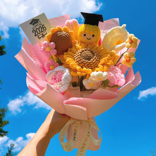 Handmade Crochet Graduation Bouquet for Her – Customizable with Girl or Boy Graduation Cap Doll Head, Personalized Card – Flowers for Graduation, Congratulation, Gift, Home Decor – Eternal Crochet Flower Arrangement - The Bloom Crafter