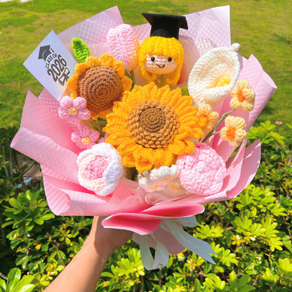Handmade Crochet Graduation Bouquet for Her – Customizable with Girl or Boy Graduation Cap Doll Head, Personalized Card – Flowers for Graduation, Congratulation, Gift, Home Decor – Eternal Crochet Flower Arrangement - The Bloom Crafter