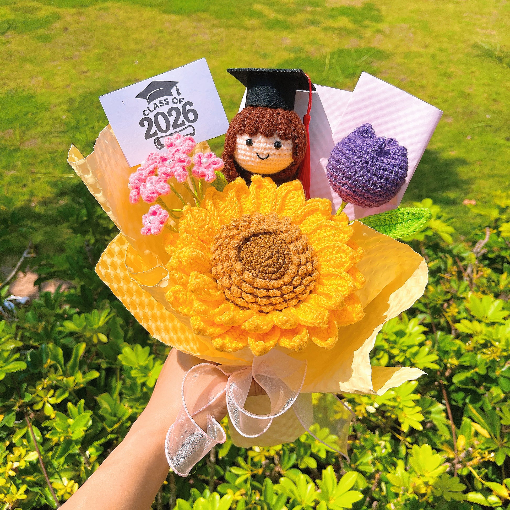 Handmade Crochet Graduation Bouquet Set for Him & Her – 2 Bundles with Large Double-Layer Seeded Sunflower, Graduation Cap Doll Head (Boy & Girl),  for Graduation, Gift, Home Decor, Congratulation, Party Decoration – Eternal Crochet Flower Arrangement - The Bloom Crafter