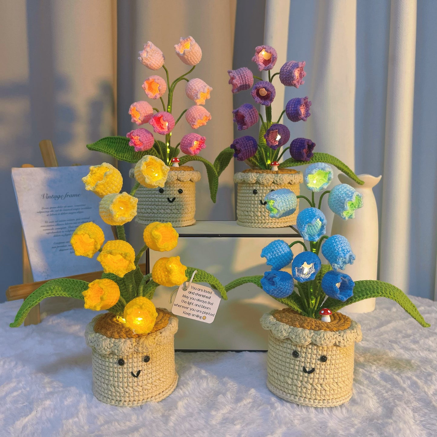 Handmade Crochet Lily of the Valley Plant with 9 LED Flowers Customizable Inspirational Card – Battery-Operated Night Light - Birthday, Get Well Soon, Supportive Gift