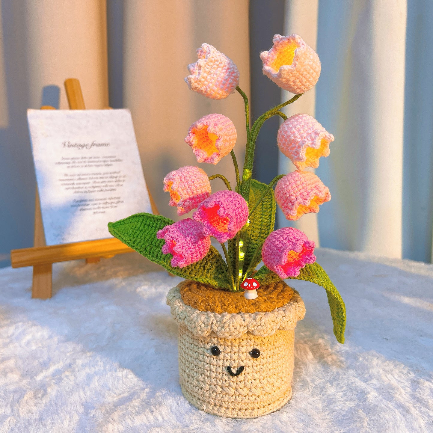 Handmade Crochet Lily of the Valley Plant with 9 LED Flowers Customizable Inspirational Card – Battery-Operated Night Light - Birthday, Get Well Soon, Supportive Gift