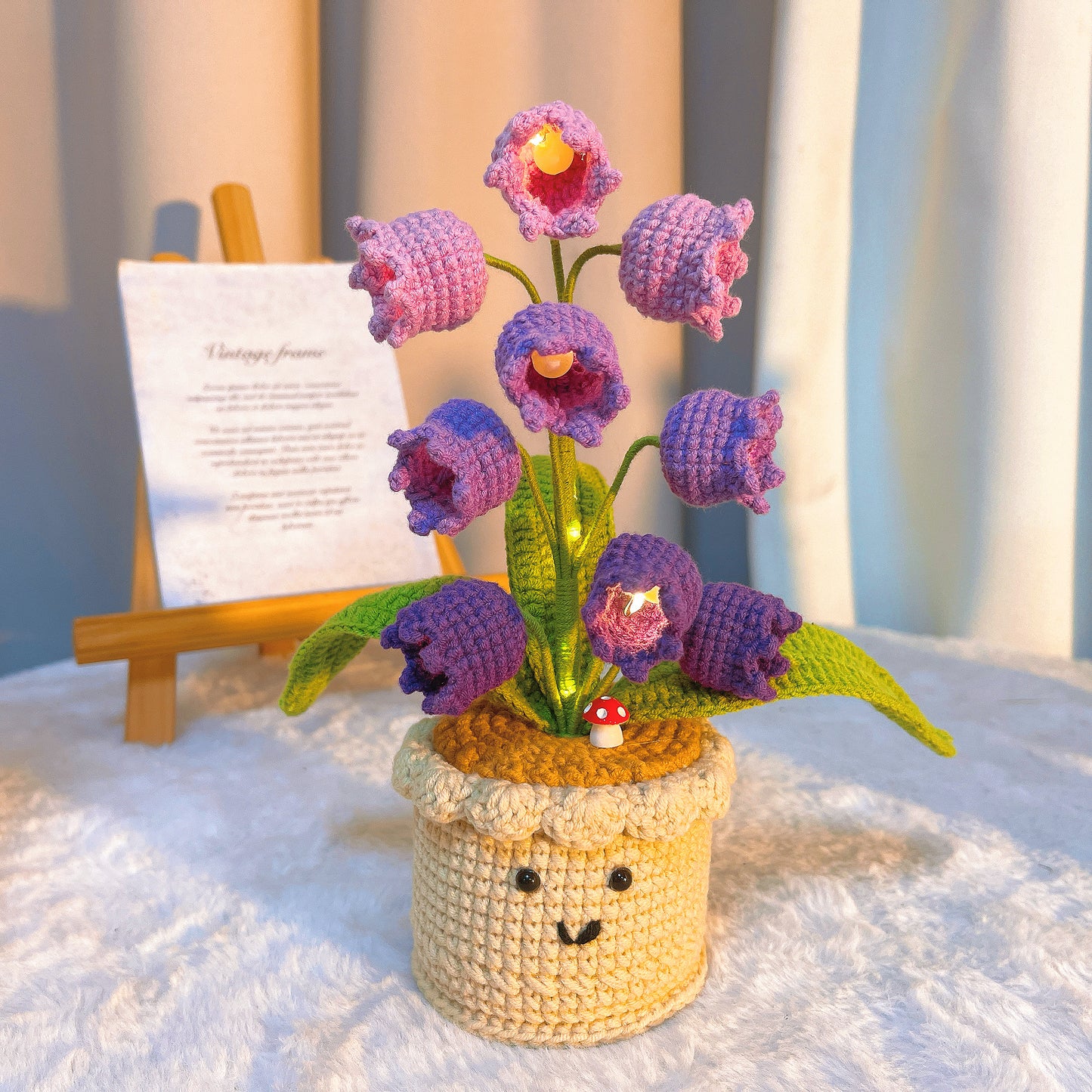 Handmade Crochet Lily of the Valley Plant with 9 LED Flowers Customizable Inspirational Card – Battery-Operated Night Light - Birthday, Get Well Soon, Supportive Gift