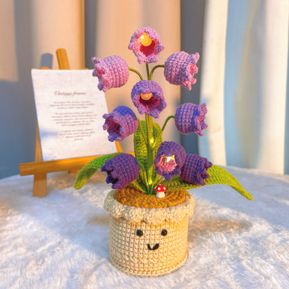 Handmade Crochet Lily of the Valley Plant with 9 LED Flowers Customizable Inspirational Card – Battery-Operated Night Light - Birthday, Get Well Soon, Supportive Gift