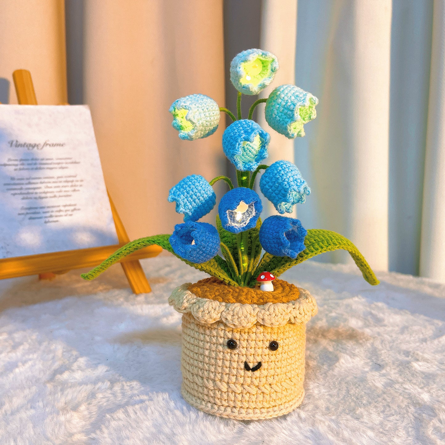 Handmade Crochet Lily of the Valley Plant with 9 LED Flowers Customizable Inspirational Card – Battery-Operated Night Light - Birthday, Get Well Soon, Supportive Gift