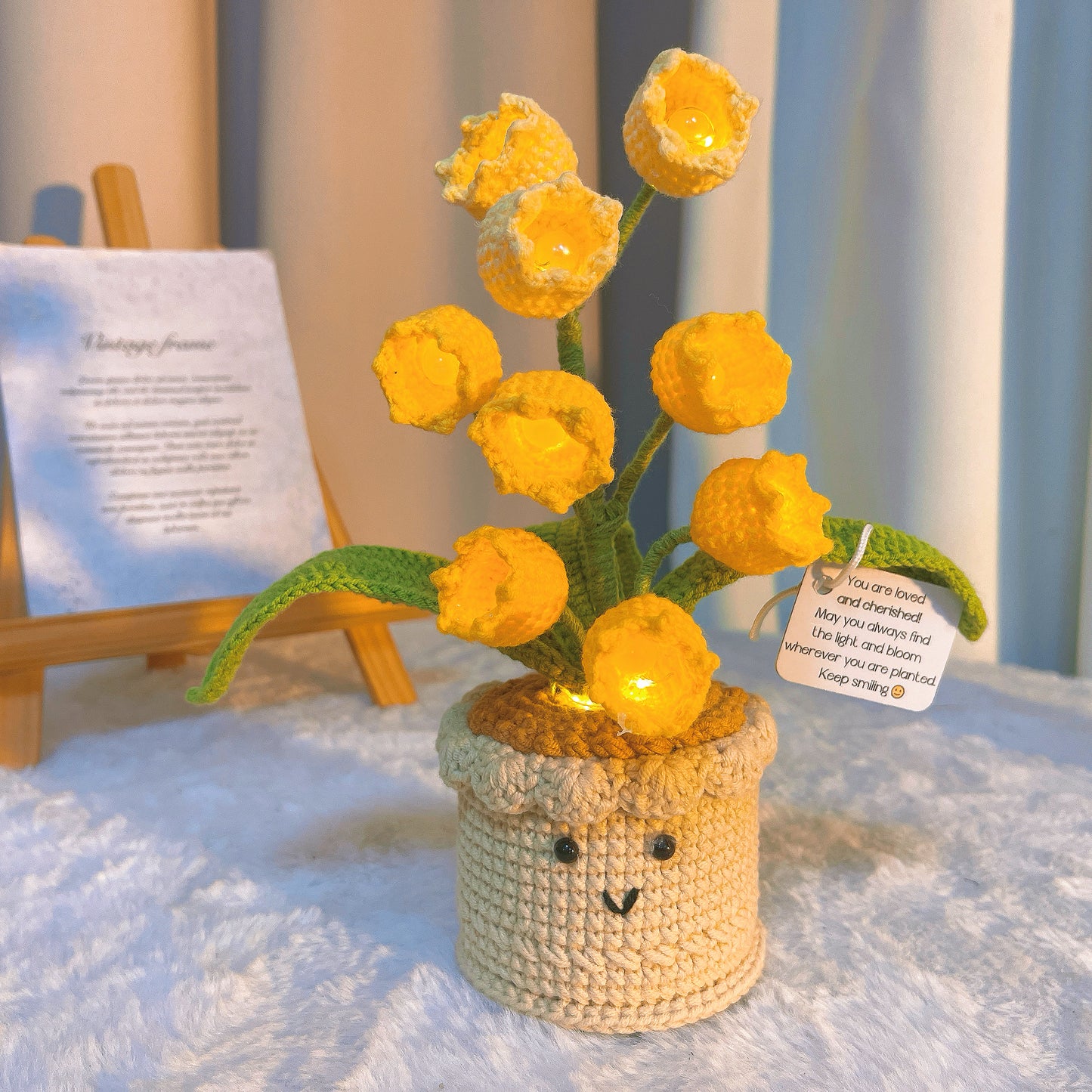 Handmade Crochet Lily of the Valley Plant with 9 LED Flowers Customizable Inspirational Card – Battery-Operated Night Light - Birthday, Get Well Soon, Supportive Gift