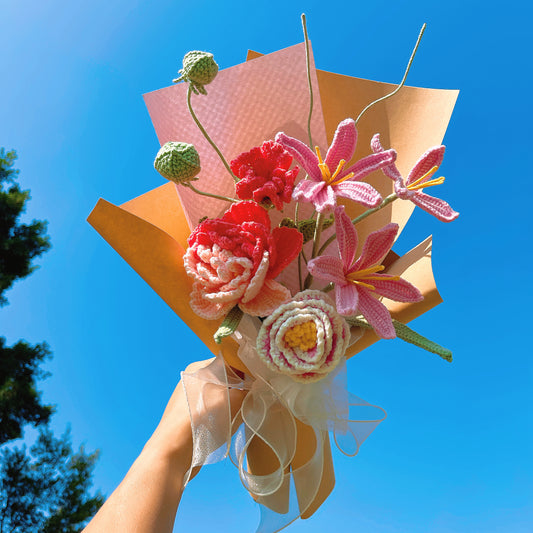 Handmade Crochet Sweet Blush Flower Bouquet – Wrapped Bundle with Pink-Gradient Hibiscus , Pink Rain Lily, Rose Pink Peony – Baby Girl Shower, Recital, Performance, Concert, Congrats, Get Well Soon, Sweet 16, Just Because
