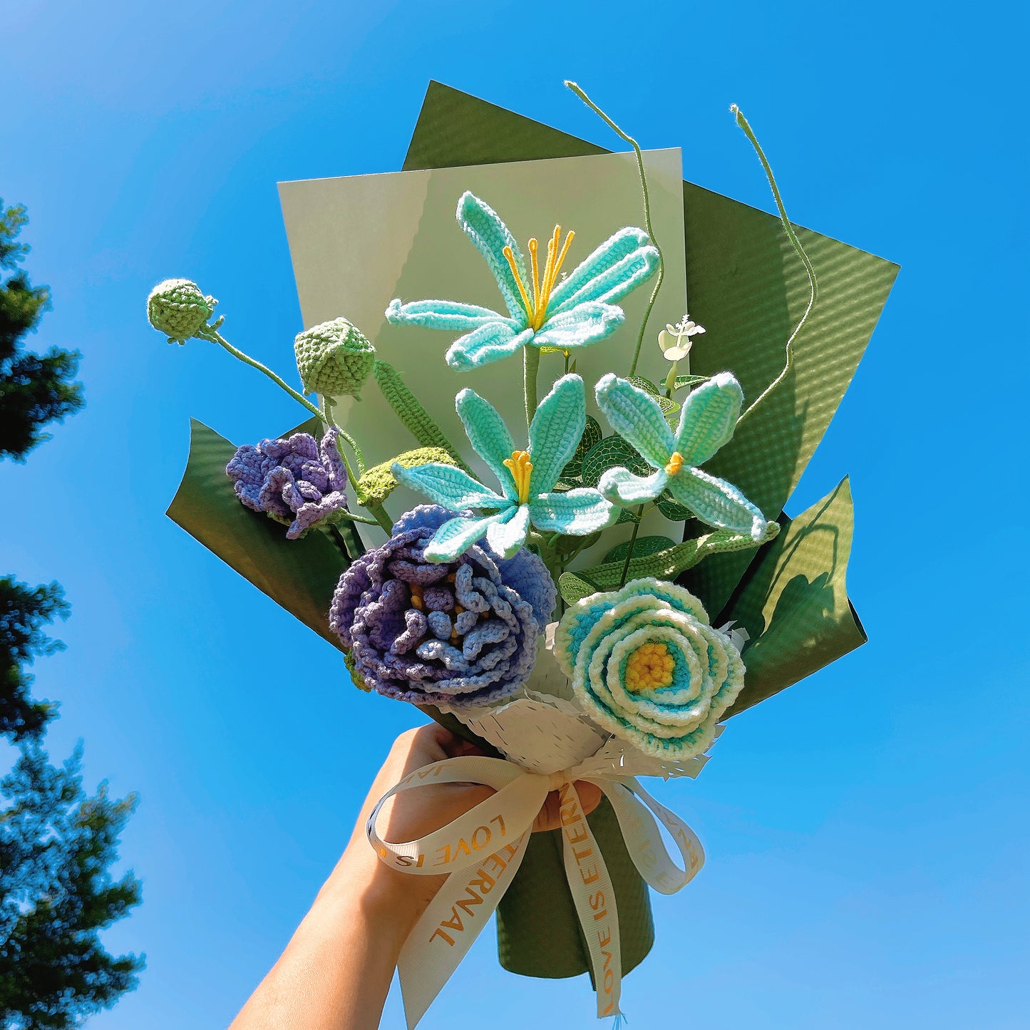 Handmade Crochet Refreshing Flower Bouquet – Wrapped Bundle with Purple-Gradient Hibiscus, Mint Rain Lily & Mint Peony –Perfect for Birthday, Anniversary, Get Well Soon, New Baby, Sympathy, Wedding, Housewarming, Newborn