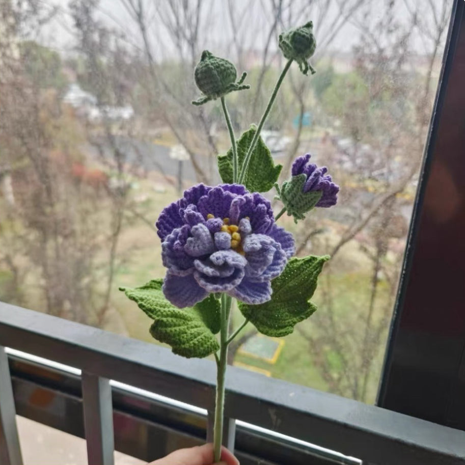 Handmade Crochet Refreshing Flower Bouquet – Wrapped Bundle with Purple-Gradient Hibiscus, Mint Rain Lily & Mint Peony –Perfect for Birthday, Anniversary, Get Well Soon, New Baby, Sympathy, Wedding, Housewarming, Newborn