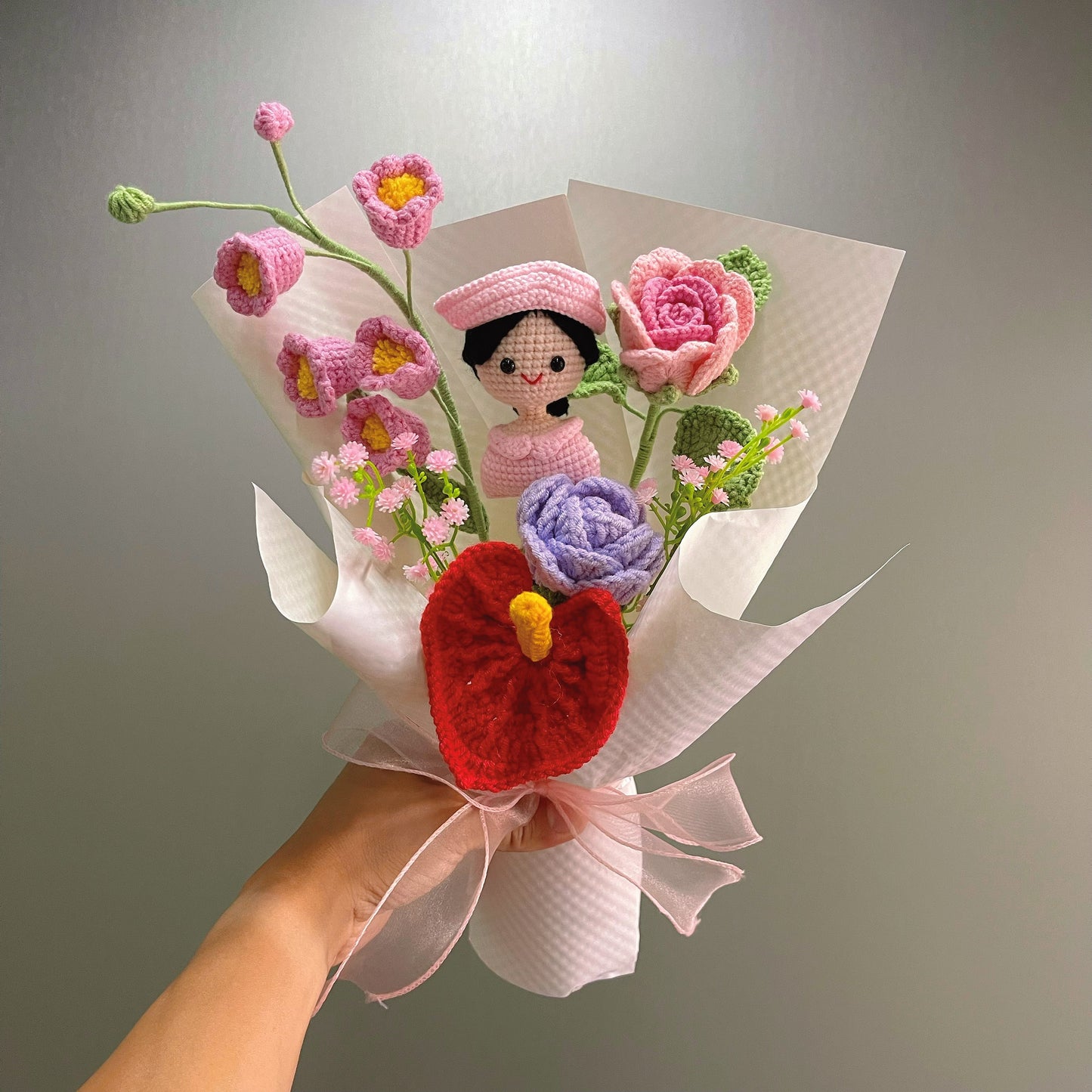 Handmade Crochet Nurse Theme Flower Bouquet –  Thank you Gift for Healthcare Workers, Caregivers – Allergy-Free Artificial Appreciation Flowers, Graduation, Get Well Soon