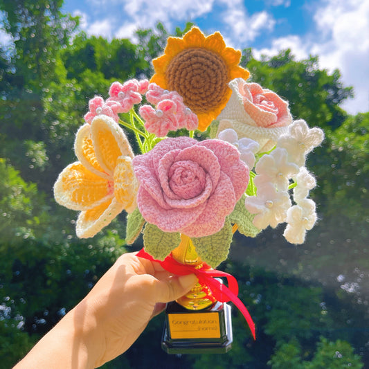 Handmade Crochet Trophy Flower Bouquet – Customizable Name/Text on Trophy Base Label Perfect Gift for Victory, Competition Winner, Graduation, Retirement, Employee of the Month, Father's Day, Mother's Day, or Any Achievement Celebration