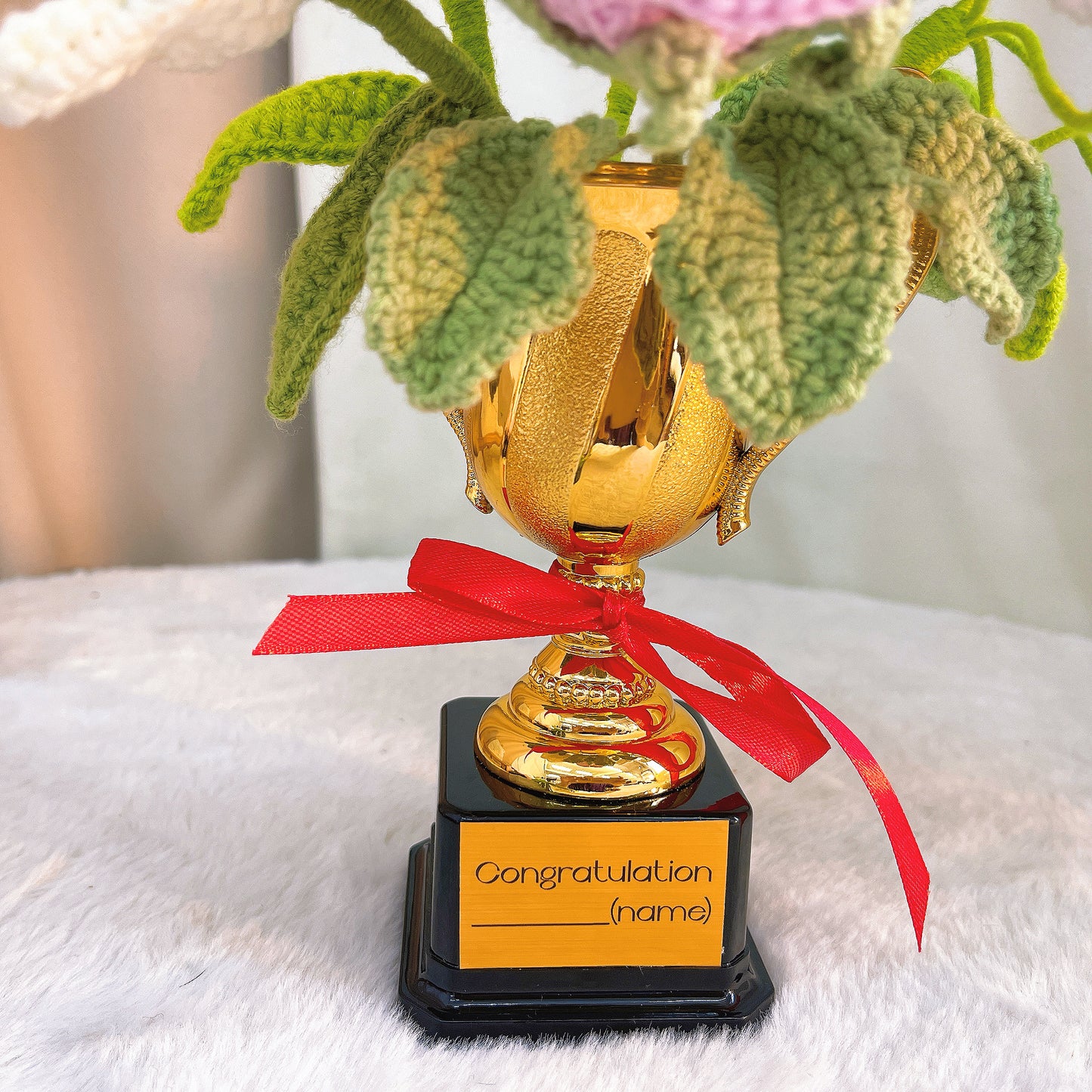Handmade Crochet Trophy Flower Bouquet – Customizable Name/Text on Trophy Base Label Perfect Gift for Victory, Competition Winner, Graduation, Retirement, Employee of the Month, Father's Day, Mother's Day, or Any Achievement Celebration