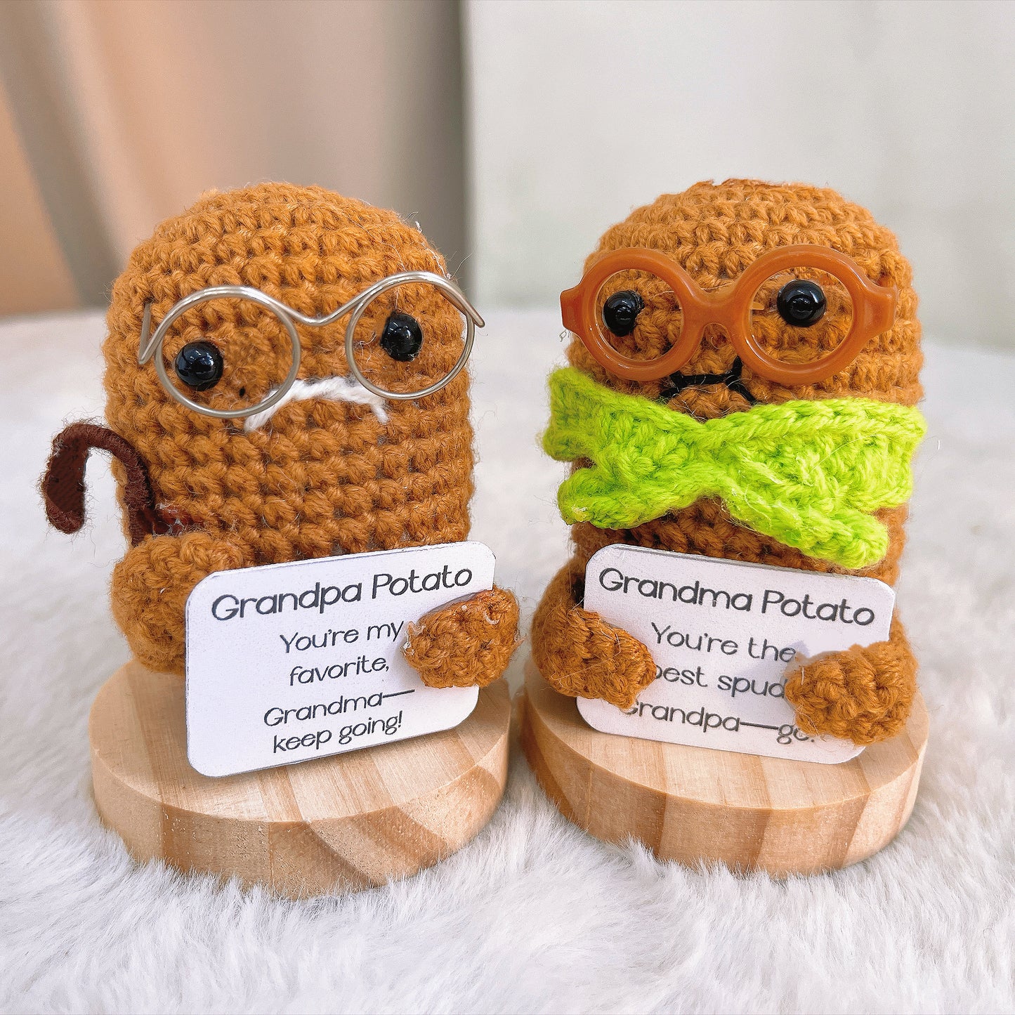 Handmade Supportive Grandma Grandpa Potato Couple with Wooden Base | Customizable Message Holders | Cute Desk Decor | Crochet Retirement Gift, Anniversary, Valentine’s Day, Mother’s Day, Father’s Day