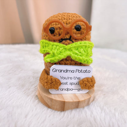 Handmade Supportive Grandma Grandpa Potato Couple with Wooden Base | Customizable Message Holders | Cute Desk Decor | Crochet Retirement Gift, Anniversary, Valentine’s Day, Mother’s Day, Father’s Day