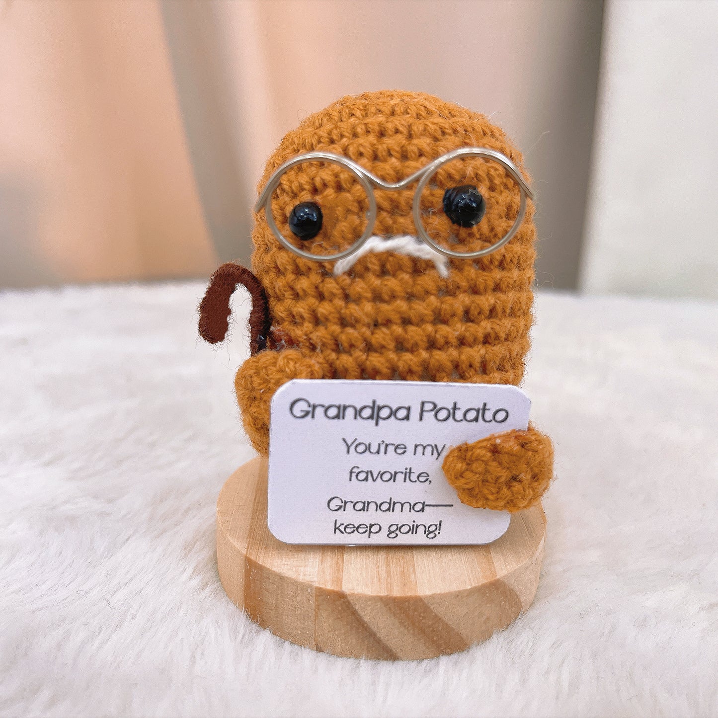 Handmade Supportive Grandma Grandpa Potato Couple with Wooden Base | Customizable Message Holders | Cute Desk Decor | Crochet Retirement Gift, Anniversary, Valentine’s Day, Mother’s Day, Father’s Day
