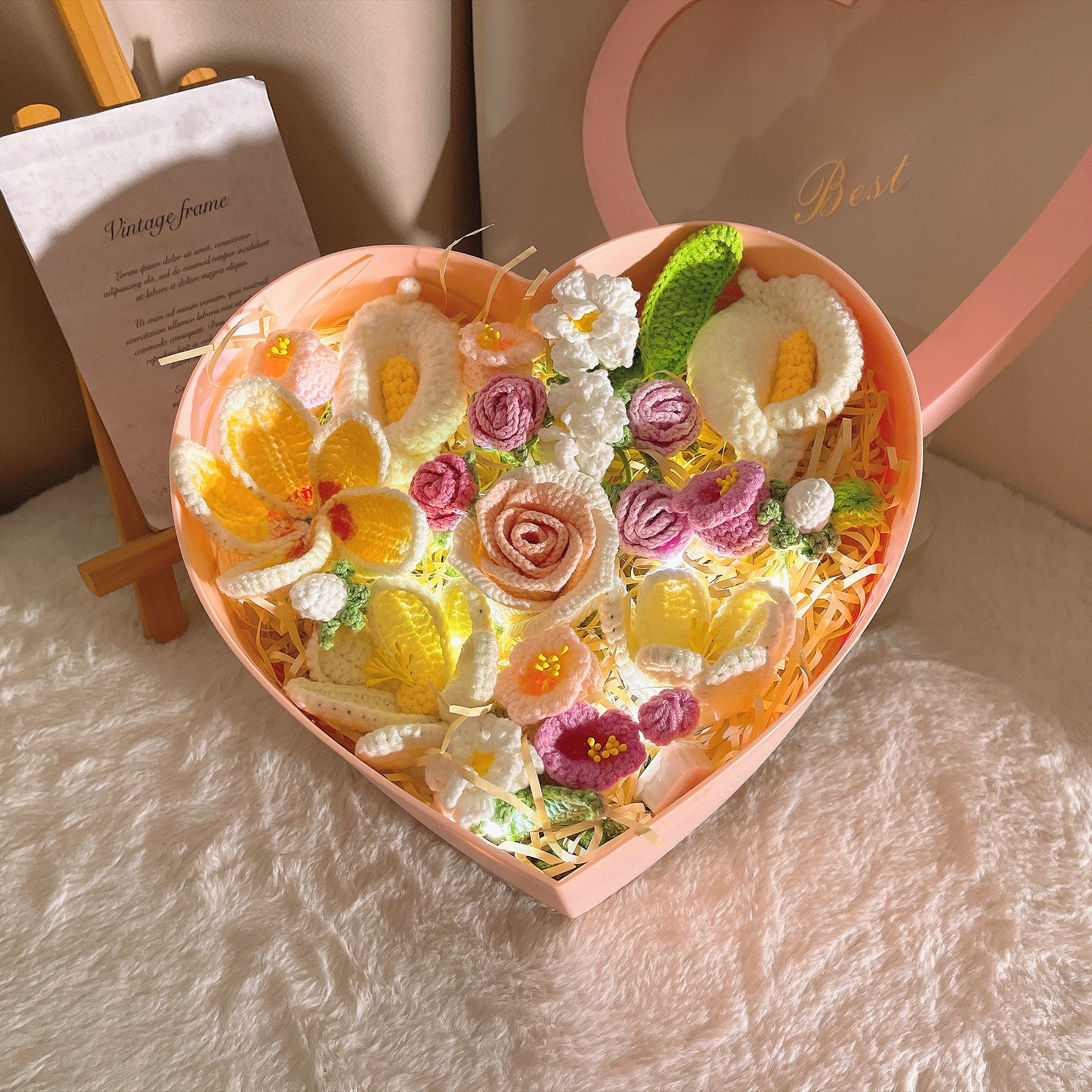 Handmade Crochet Flower Bouquet in Pink Heart-Shaped Plastic Box with LED Fairy Lights –&nbsp; &nbsp;Free Artificial Flowers with Beige Raffia Base&nbsp; – Perfect Valentine’s Day, Anniversary, Proposal, Birthday, or Mother’s Day Gift for Her