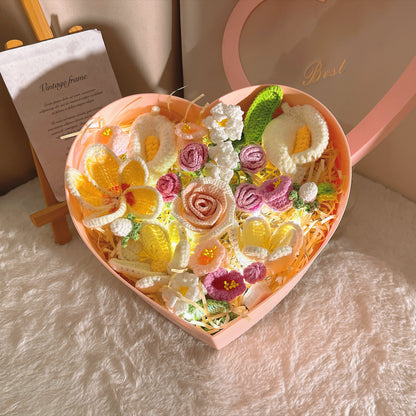 Handmade Crochet Flower Bouquet in Pink Heart-Shaped Plastic Box with LED Fairy Lights –&nbsp; &nbsp;Free Artificial Flowers with Beige Raffia Base&nbsp; – Perfect Valentine’s Day, Anniversary, Proposal, Birthday, or Mother’s Day Gift for Her
