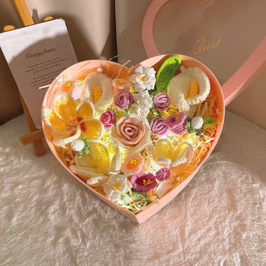 Handmade Crochet Flower Bouquet in Pink Heart-Shaped Plastic Box with LED Fairy Lights –&nbsp; &nbsp;Free Artificial Flowers with Beige Raffia Base&nbsp; – Perfect Valentine’s Day, Anniversary, Proposal, Birthday, or Mother’s Day Gift for Her