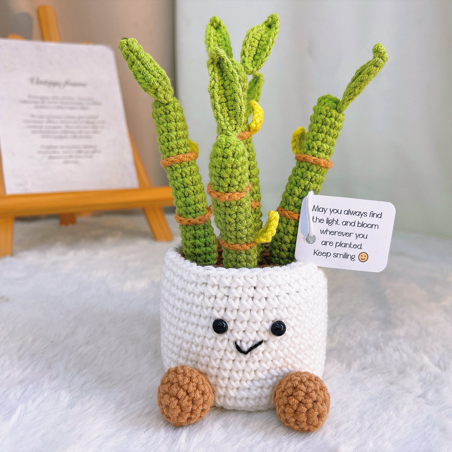Handmade Crochet Ribbon Plant Plushie with Customized Supportive Message – White Planter with Green Lucky Bamboo, Feng Shui Mini Desk Decoration, Inspirational Card Perfect for Housewarming, Graduation, New Job, Get Well, Birthday