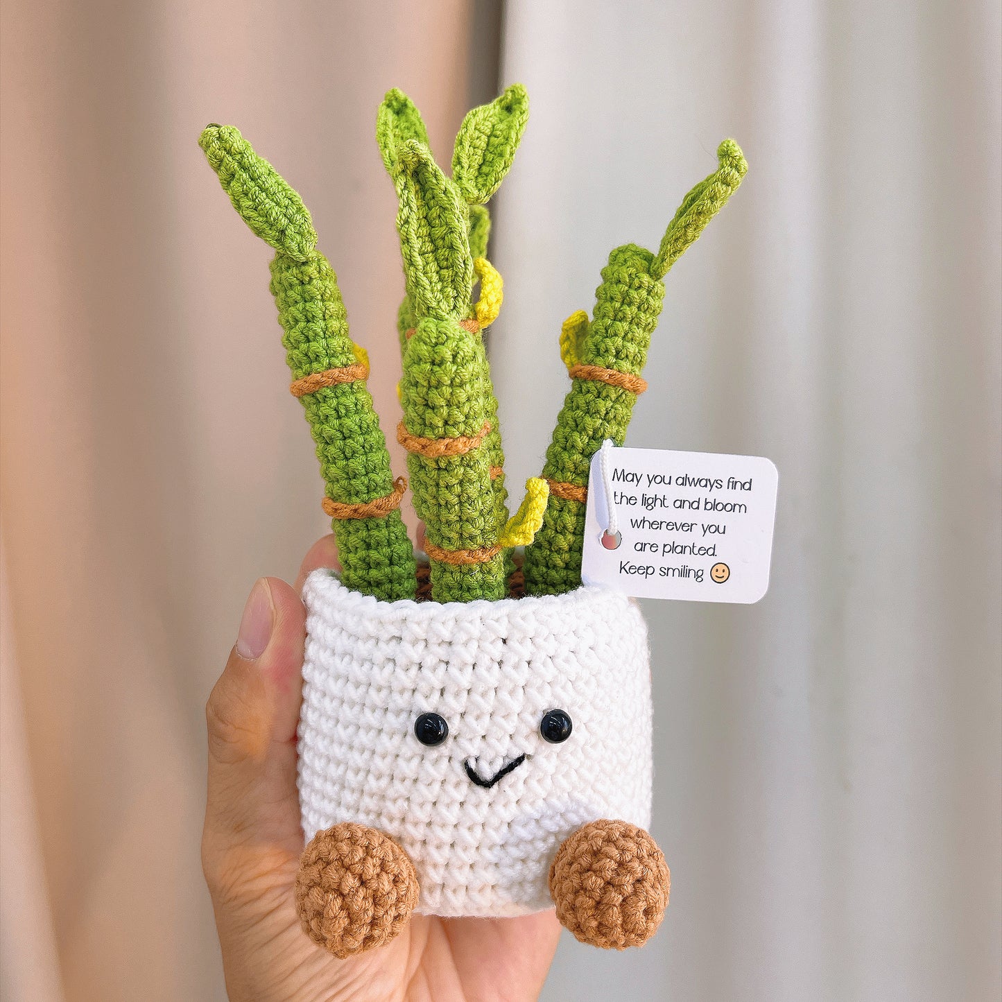 Handmade Crochet Ribbon Plant Plushie with Customized Supportive Message – White Planter with Green Lucky Bamboo, Feng Shui Mini Desk Decoration, Inspirational Card Perfect for Housewarming, Graduation, New Job, Get Well, Birthday