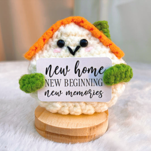 Handmade Crochet House Warming Gift Plushie with Wooden Base, Supports Customized Personalized Text, New Home Blessing
