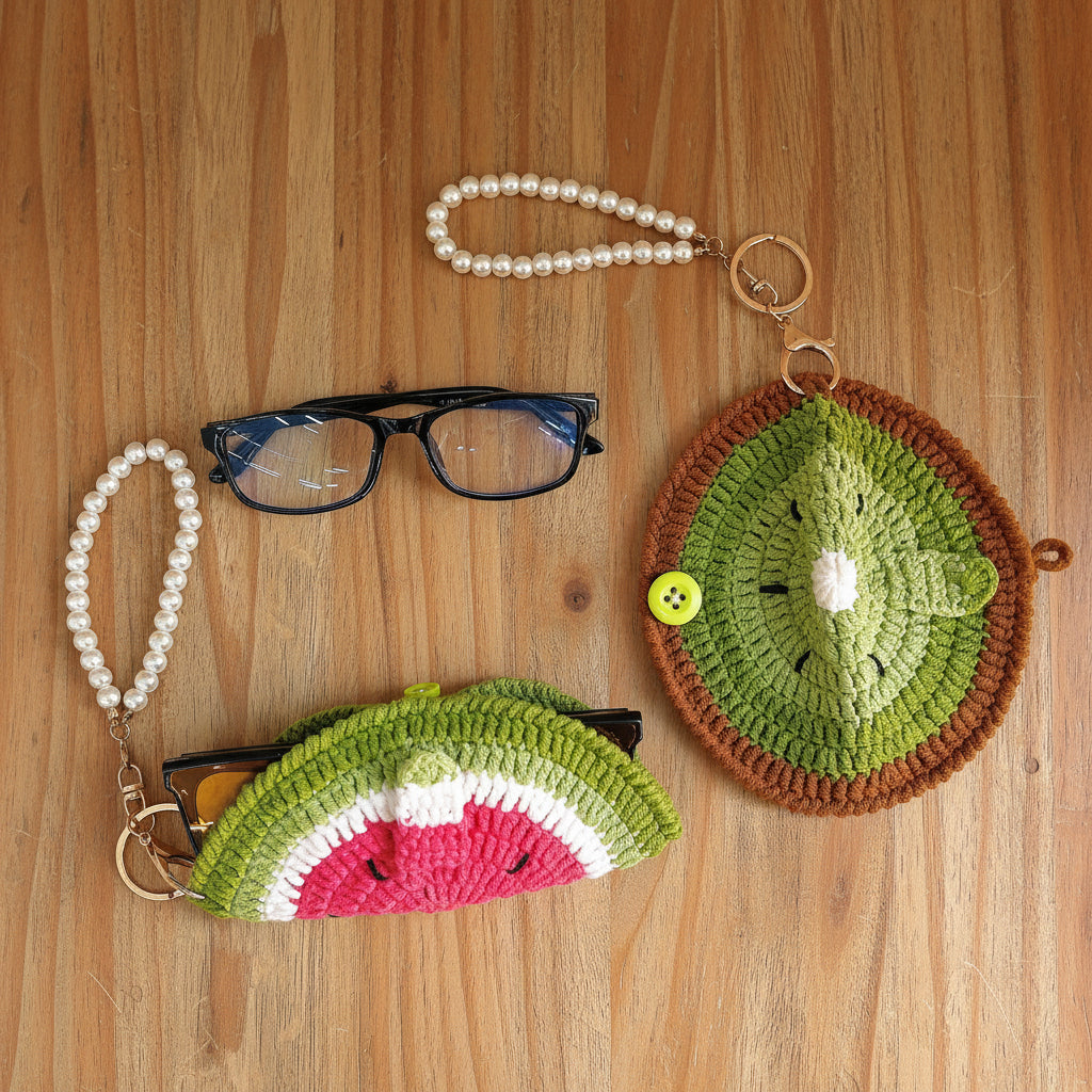 Two crocheted sunglasses pouches styled on a white faux fur background, one shaped like a watermelon slice and one like a kiwi fruit, both with pearl bead wristlets and gold-tone keychains. A pair of black-framed glasses is also displayed.