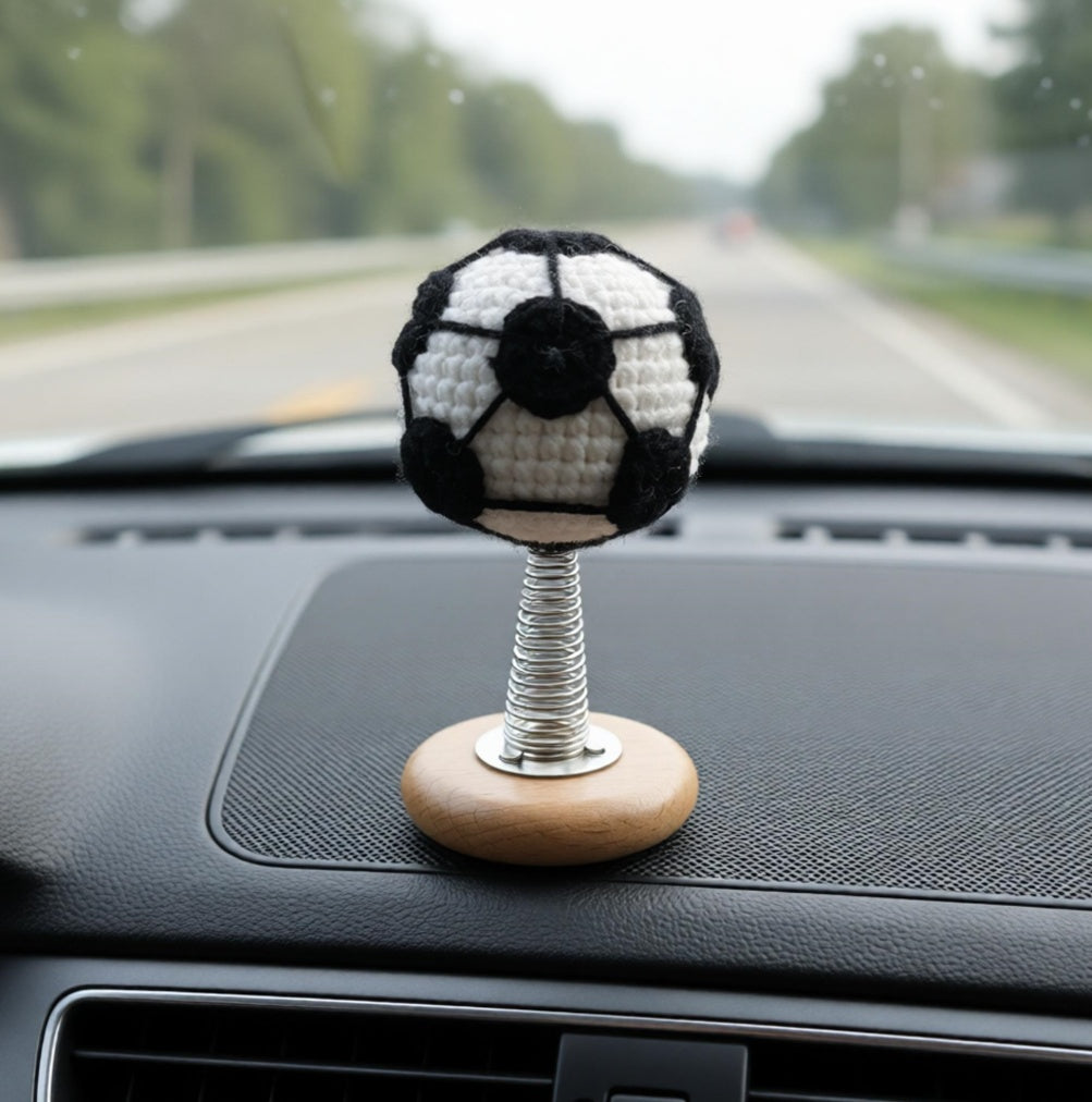 Handmade Crochet Soccer Ball Bobble Figure with Spring Wooden Base, Car Dashboard Decor, Office Desk Wobble Toy, 5x10 cm Mini Sports Ornament, Unique Gift for Football Fans