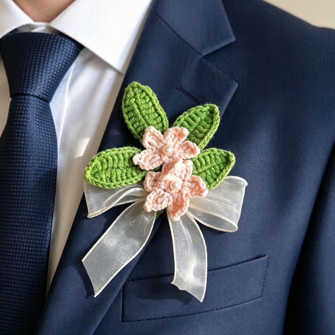 Handmade Crochet Wedding Boutonniere Set for Groom Groomsmen – Hypoallergenic Knitted Flowers Rustic Boho Prom Corsage for Ceremony, Party, Anniversary, Prom, Mother’s Day, Valentine’s