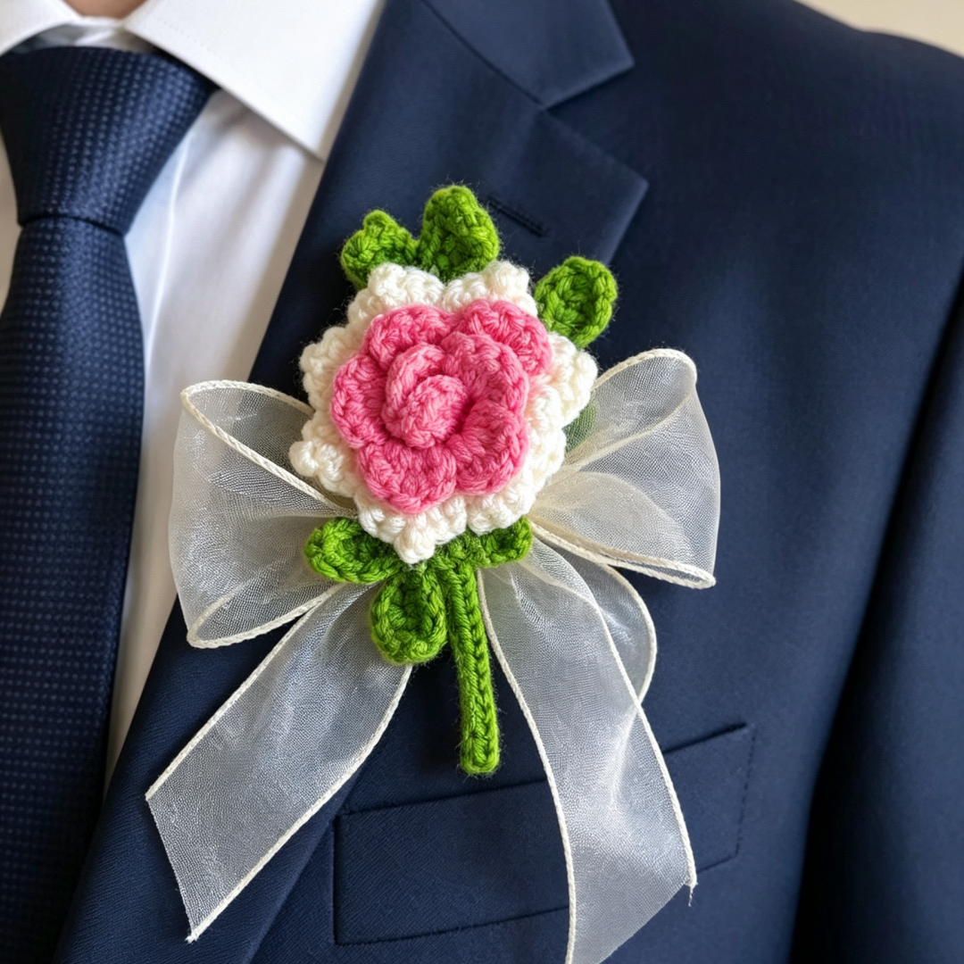 Handmade Crochet Wedding Boutonniere Set for Groom Groomsmen – Hypoallergenic Knitted Flowers Rustic Boho Prom Corsage for Ceremony, Party, Anniversary, Prom, Mother’s Day, Valentine’s
