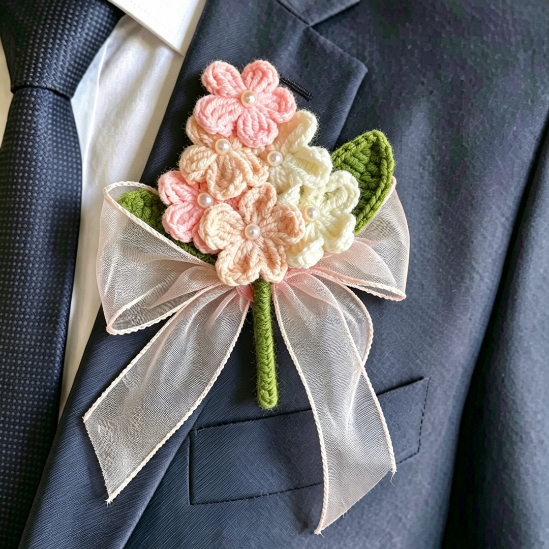 Handmade Crochet Wedding Boutonniere Set for Groom Groomsmen – Hypoallergenic Knitted Flowers Rustic Boho Prom Corsage for Ceremony, Party, Anniversary, Prom, Mother’s Day, Valentine’s