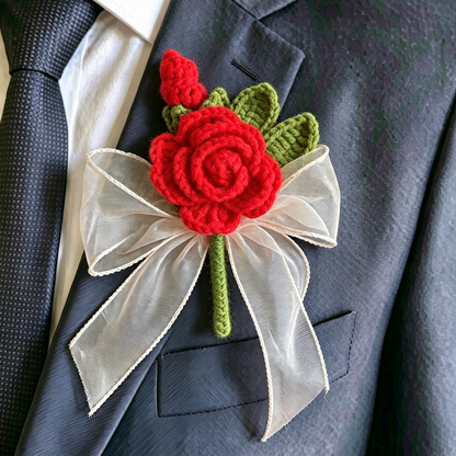 Handmade Crochet Wedding Boutonniere Set for Groom Groomsmen – Hypoallergenic Knitted Flowers Rustic Boho Prom Corsage for Ceremony, Party, Anniversary, Prom, Mother’s Day, Valentine’s