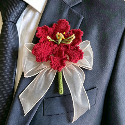 Handmade Crochet Wedding Boutonniere Set for Groom Groomsmen – Hypoallergenic Knitted Flowers Rustic Boho Prom Corsage for Ceremony, Party, Anniversary, Prom, Mother’s Day, Valentine’s