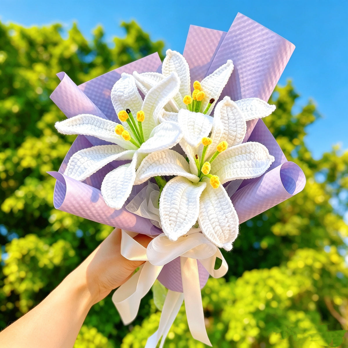 Handmade Crochet Trio-Lily Bouquet - 3 White Lilies Wrapped in Light Purple Plaid Paper, Ready-to-Give Flower, Allergy-Friendly Yarn Flowers, Gift for Birthday, Mother's Day, Valentine's, Anniversary, Graduation, Wedding