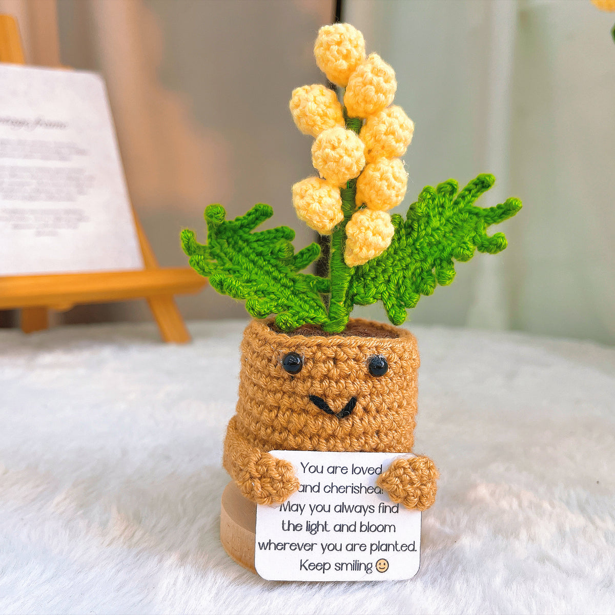 Handmade Crochet Golden Wattle Potted Plant with Wooden Base, Australian Wattle Decor with Custom Card | Yellow Pom-Pom Yarn Flower | Gift for Birthday, Mother's Day, Graduation, Housewarming, Get Well Soon