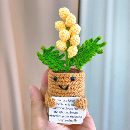 Handmade Crochet Golden Wattle Potted Plant with Wooden Base, Australian Wattle Decor with Custom Card | Yellow Pom-Pom Yarn Flower | Gift for Birthday, Mother's Day, Graduation, Housewarming, Get Well Soon