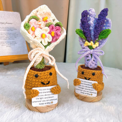 Handmade Crochet Mini Bouquet with Wooden Base, Purple Lavender Handheld Potted Yarn Flowers with Custom Card | Gift for Birthday, Mother's Day, Anniversary, Graduation, Get Well Soon