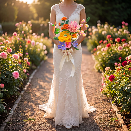 Wedding Hand Crochet Ready-to-Vase Floral Handheld Bouquet - Hypoallergenic Artificial Protea, Ranunculus, Tulip, Poppy, Rose Arrangement