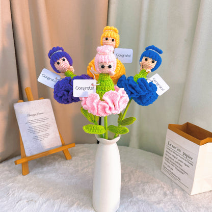 Handmade Crochet Carnation Fairy Single Stem | 4 Colors Pink Purple Yellow Blue | Flower Fairy with Petals as Dress | Up-Fold = Bud, Down-Fold = Bloom | Custom Card "Congrats!" | Single Stem for Vase or Bouquet | Allergy-Friendly