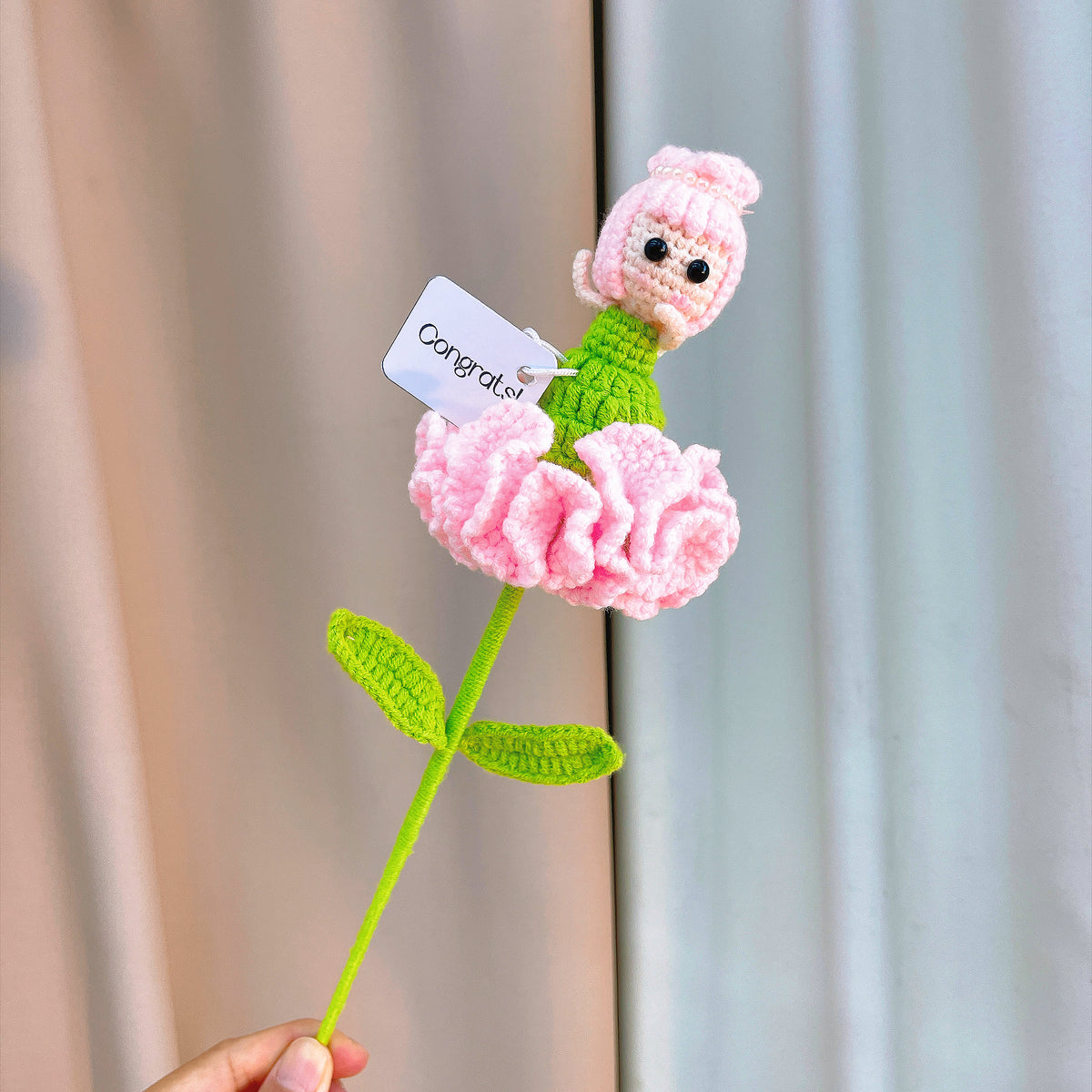 Handmade Crochet Carnation Fairy Single Stem | 4 Colors Pink Purple Yellow Blue | Flower Fairy with Petals as Dress | Up-Fold = Bud, Down-Fold = Bloom | Custom Card "Congrats!" | Single Stem for Vase or Bouquet | Allergy-Friendly