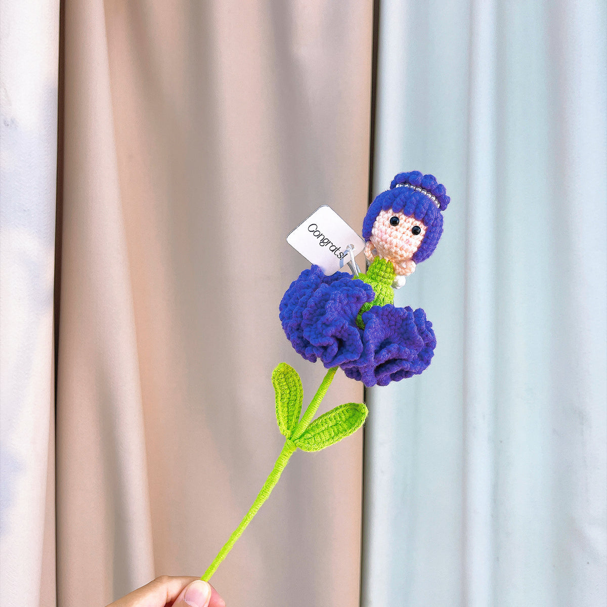Handmade Crochet Carnation Fairy Single Stem | 4 Colors Pink Purple Yellow Blue | Flower Fairy with Petals as Dress | Up-Fold = Bud, Down-Fold = Bloom | Custom Card "Congrats!" | Single Stem for Vase or Bouquet | Allergy-Friendly