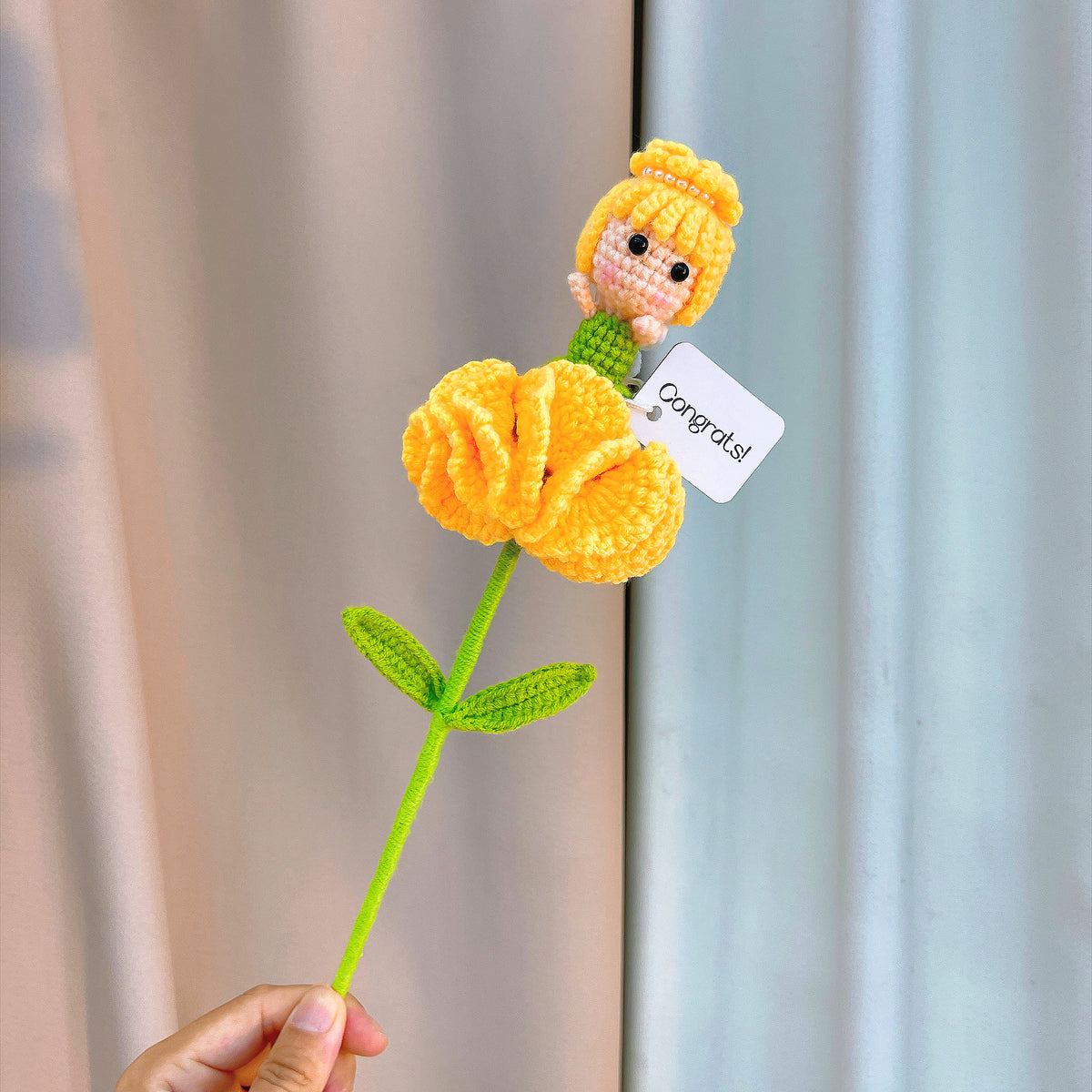 Handmade Crochet Carnation Fairy Single Stem | 4 Colors Pink Purple Yellow Blue | Flower Fairy with Petals as Dress | Up-Fold = Bud, Down-Fold = Bloom | Custom Card "Congrats!" | Single Stem for Vase or Bouquet | Allergy-Friendly